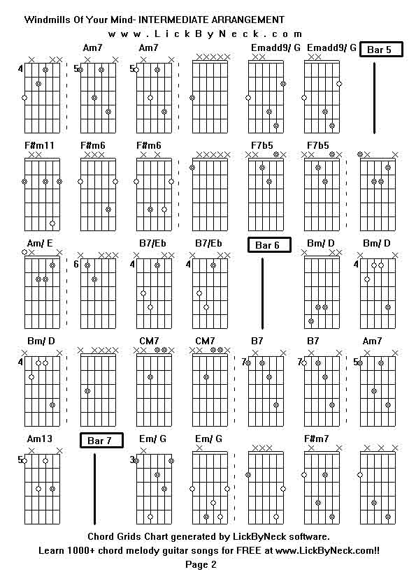 Chord Grids Chart of chord melody fingerstyle guitar song-Windmills Of Your Mind- INTERMEDIATE ARRANGEMENT,generated by LickByNeck software.